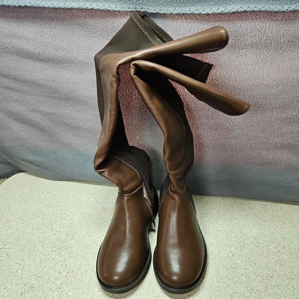 🆕Women Brown-pu Knee High Comfortable Thigh High Daily Low Flat Heel Long Boot